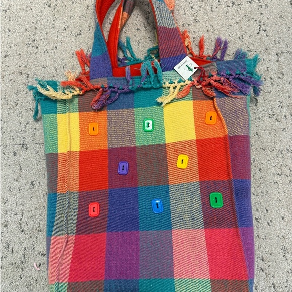 Mooncraft handmade NWT  button Red and Orange TasseledTote Bag lined flannel red - Picture 3 of 13